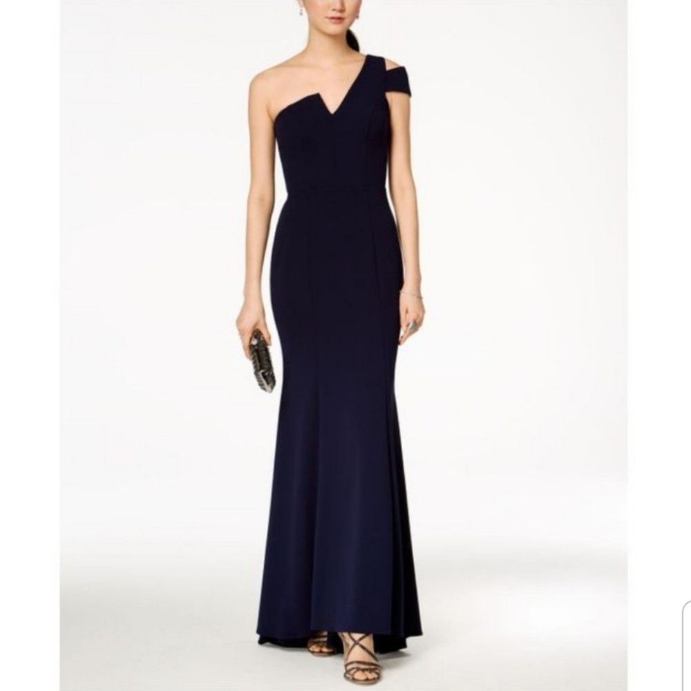Betsy & Adam one-shoulder navy gown